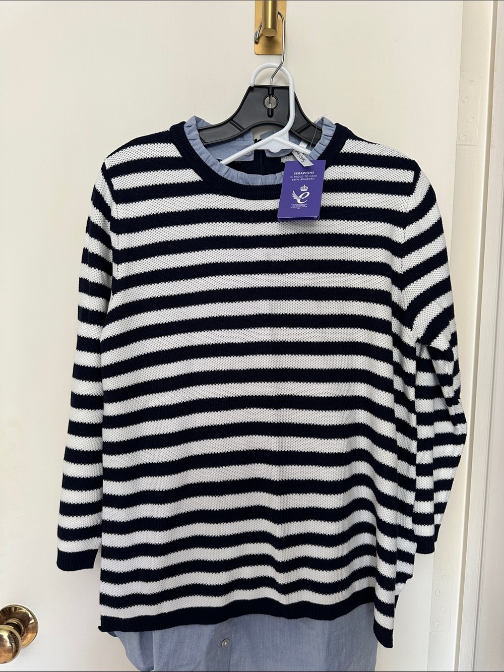 Seraphine Navy and White Striped Crewneck Sweater - maternity